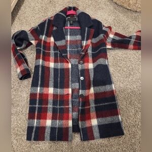 Tahari Navy and Red Plaid Coat